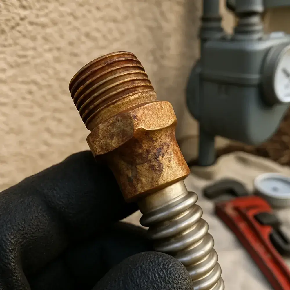 generator-gas-line-corroded-fitting-capacity-check Corroded gas fitting examined for standby generator gas line capacity in Sunnyvale
