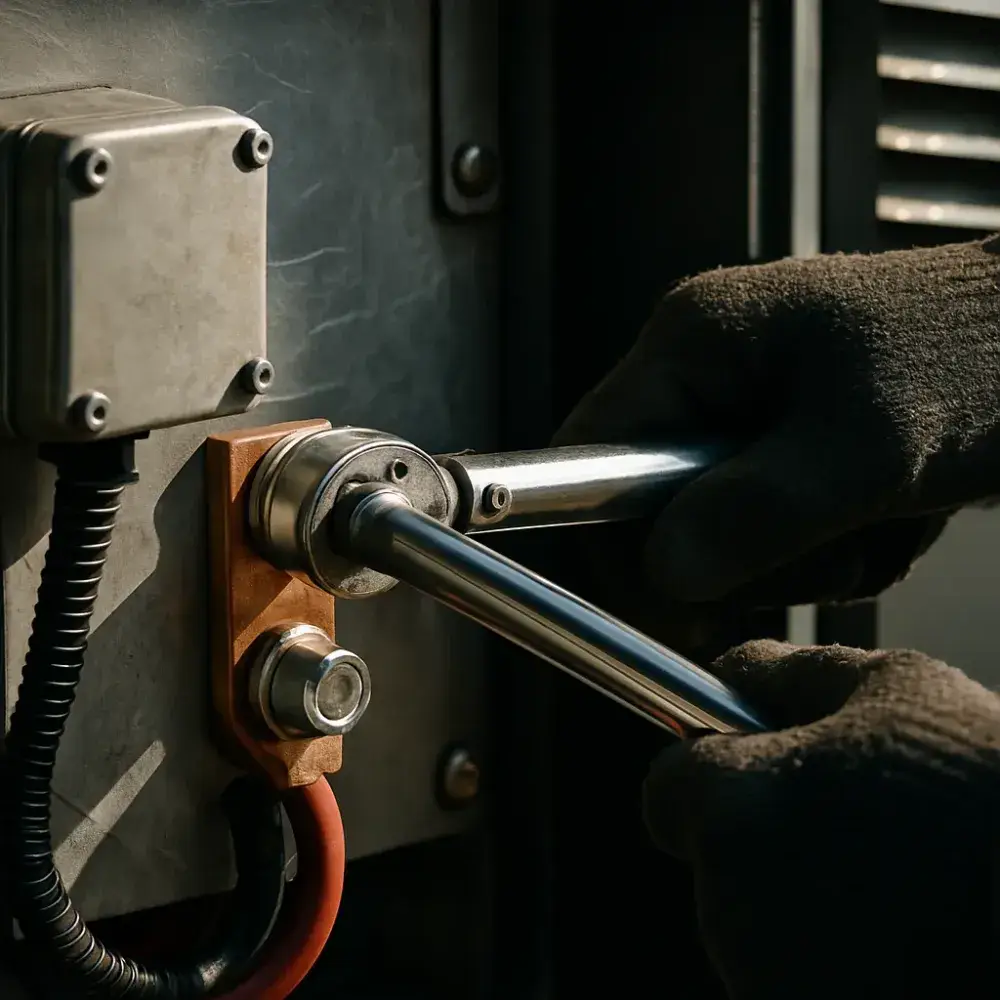 Close-up hands tightening grounding connection on Sunnyvale generator installation