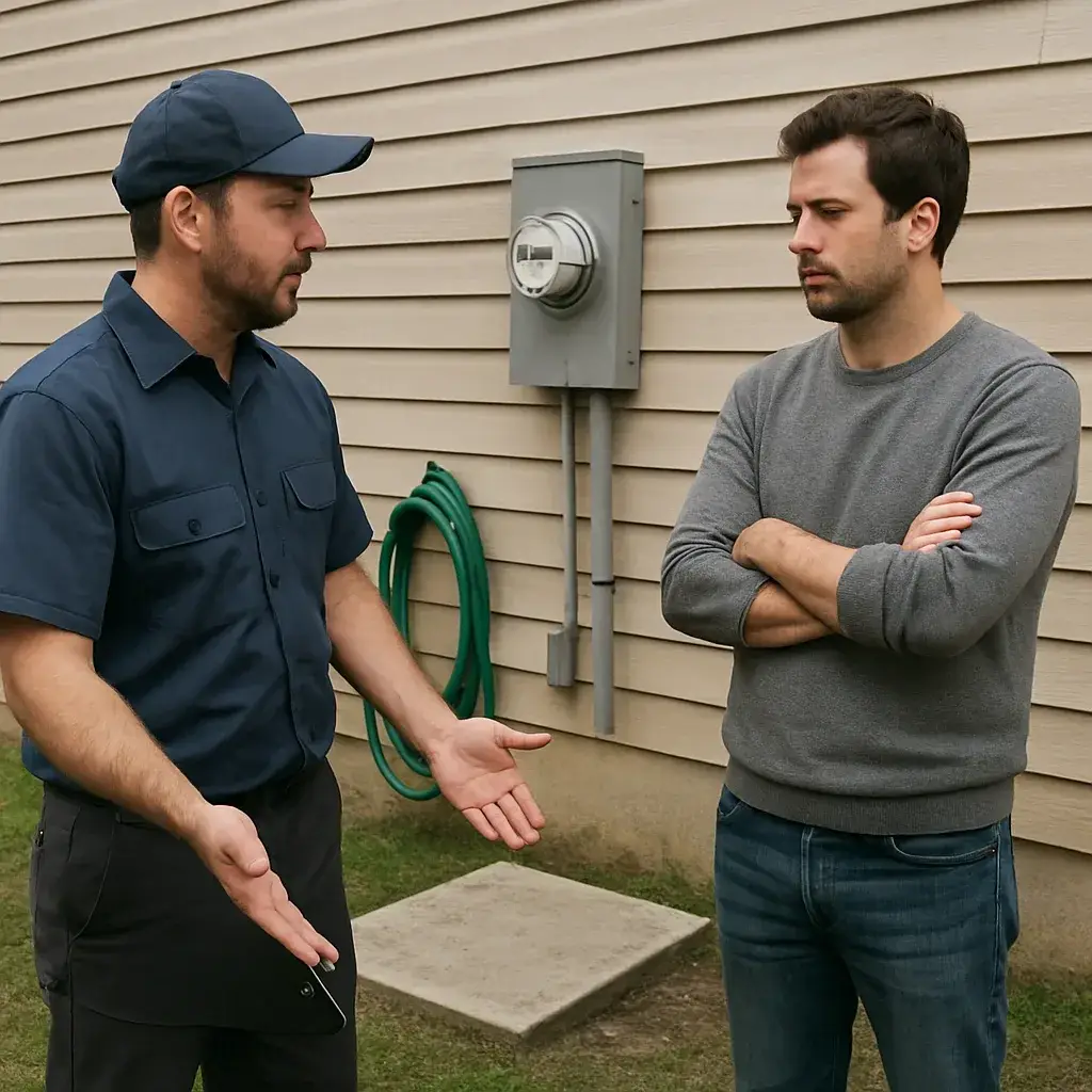 Contractor discussing standby generator options with a homeowner in a Sunnyvale side yard