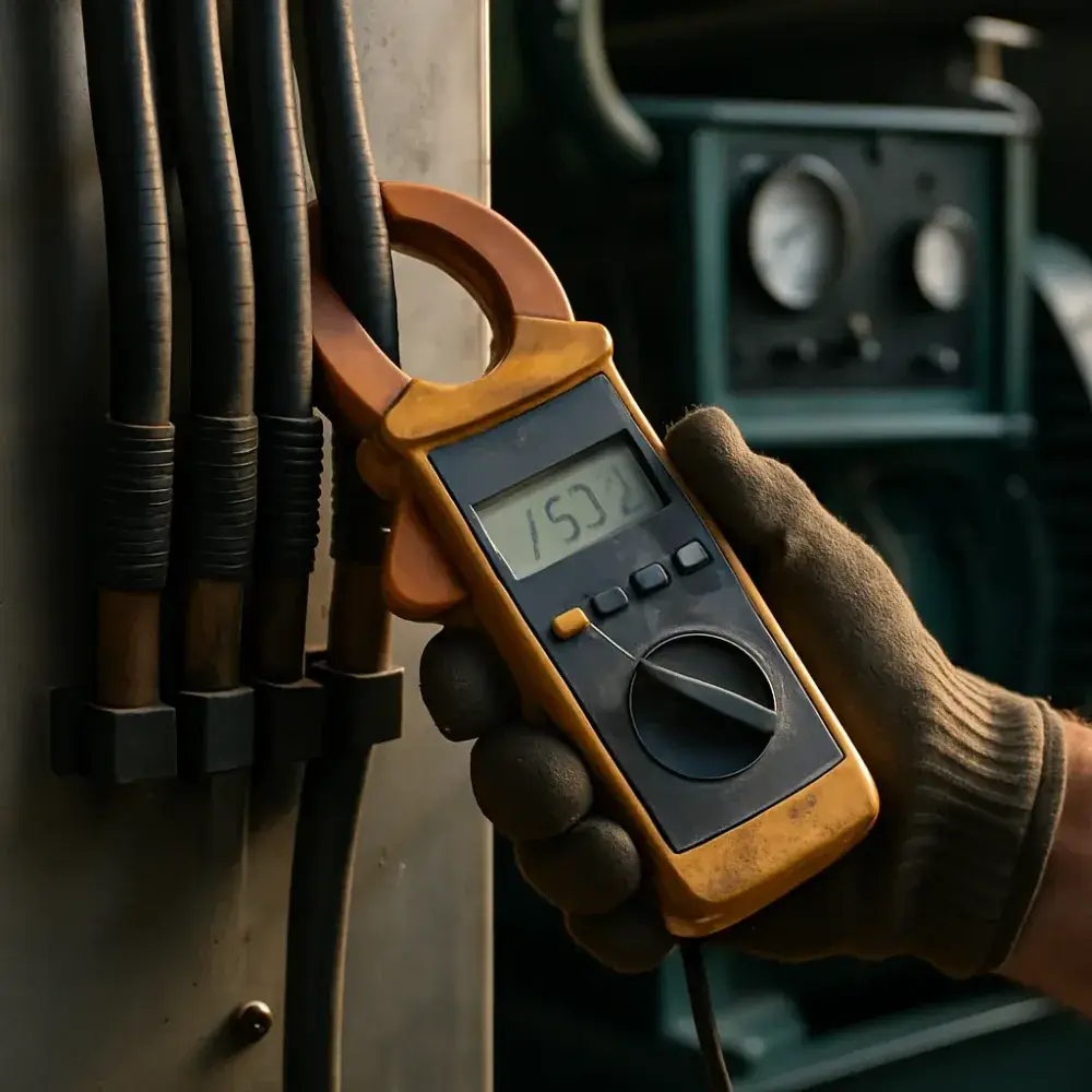 Clamp meter reading amperage on generator cables during load test in Sunnyvale