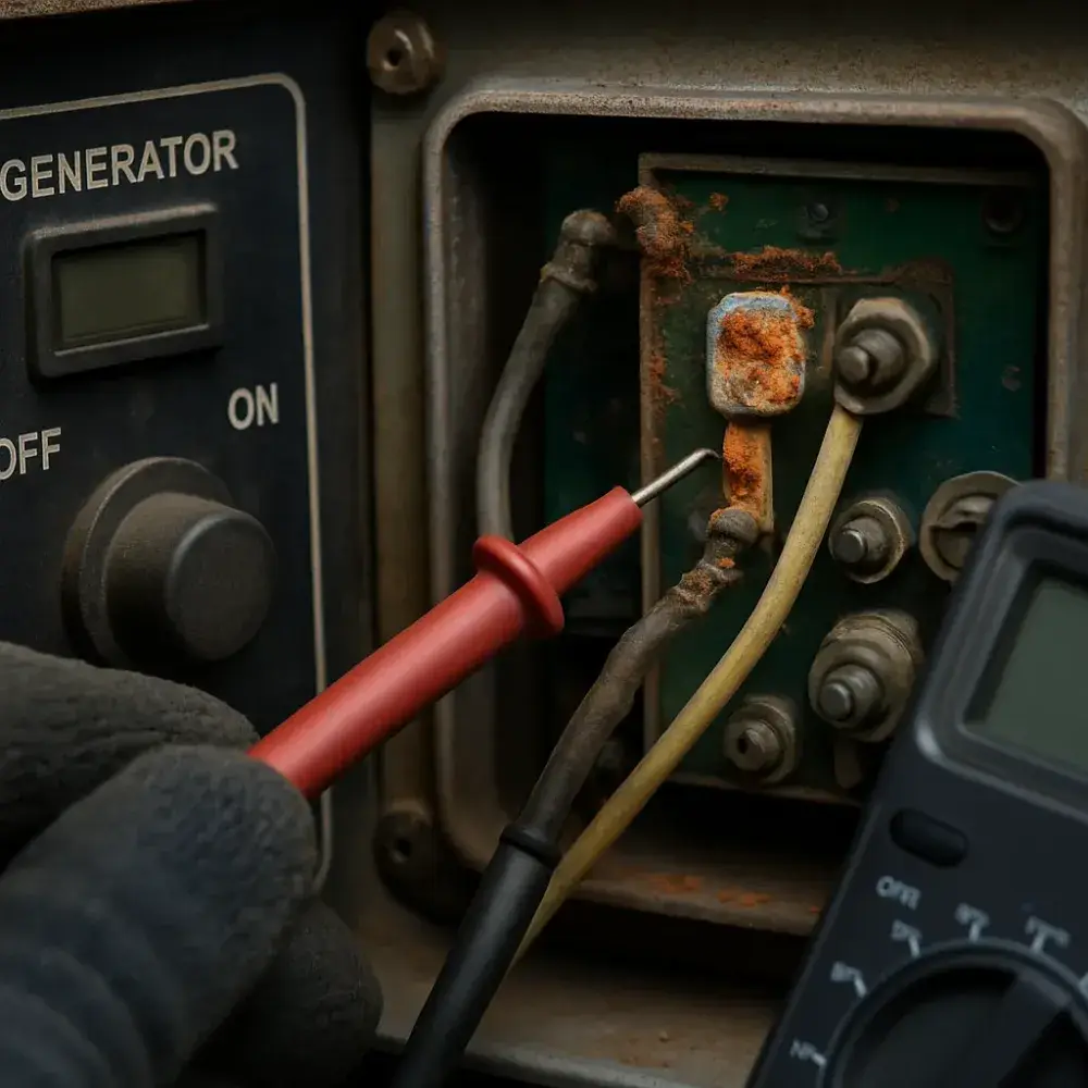 Corroded generator control panel wiring inspected during a Sunnyvale load test
