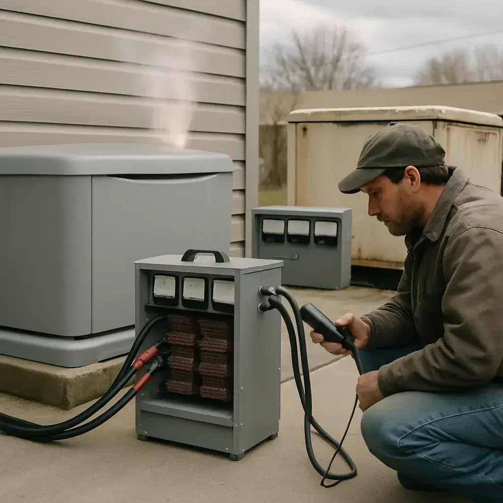 Technician load testing an older generator beside a newer unit in Sunnyvale