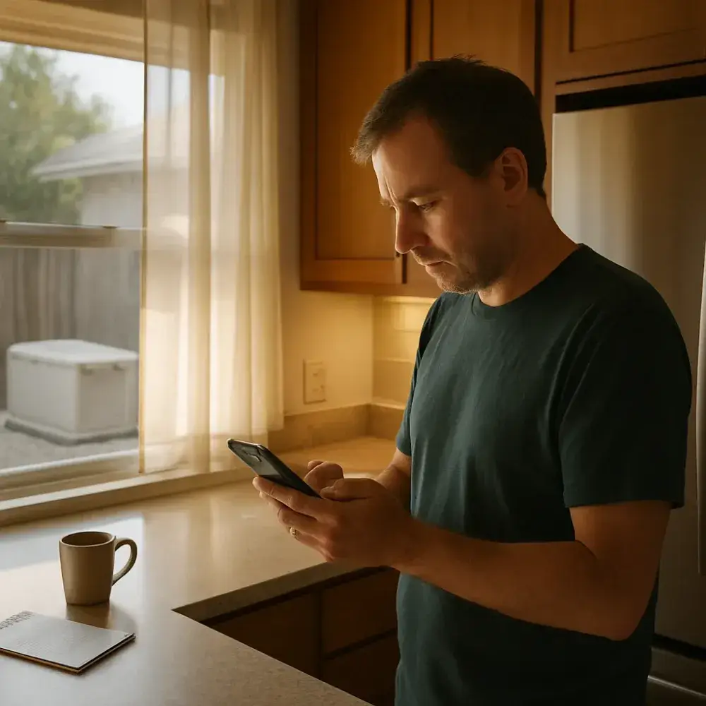 Sunnyvale homeowner checking weather alert near standby generator window view