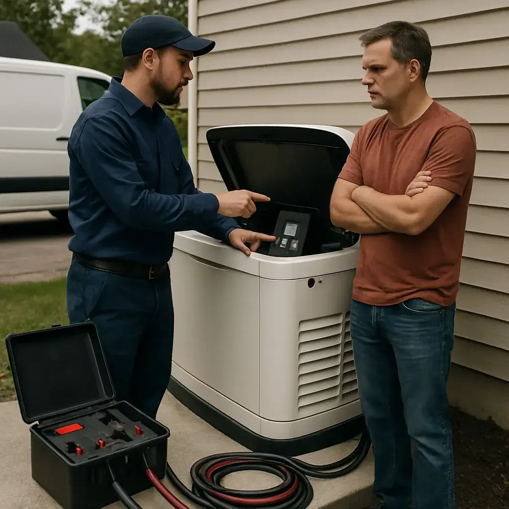 Technician explains generator load testing cost factors to homeowner in Sunnyvale
