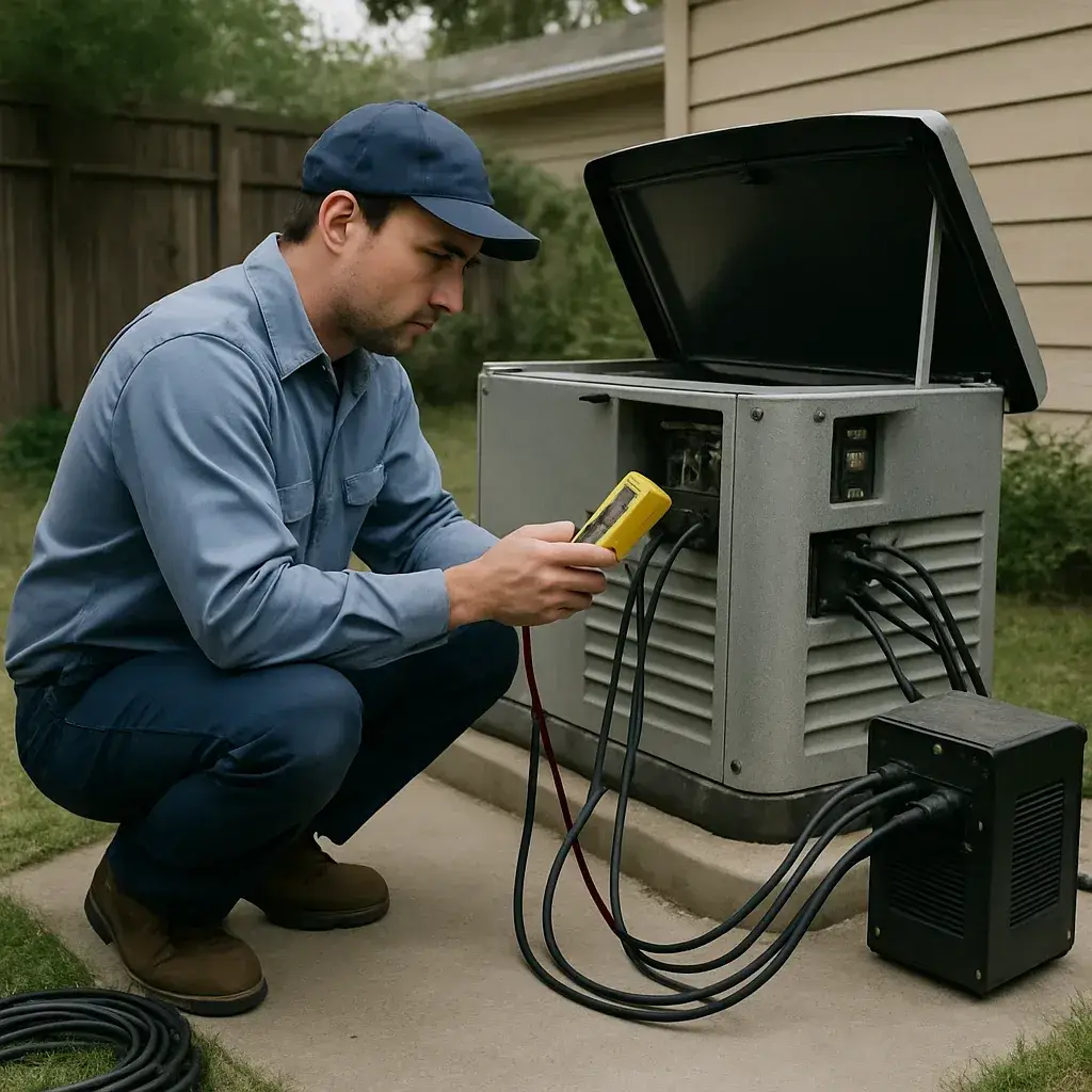 Technician load testing a home standby generator in Sunnyvale backyard