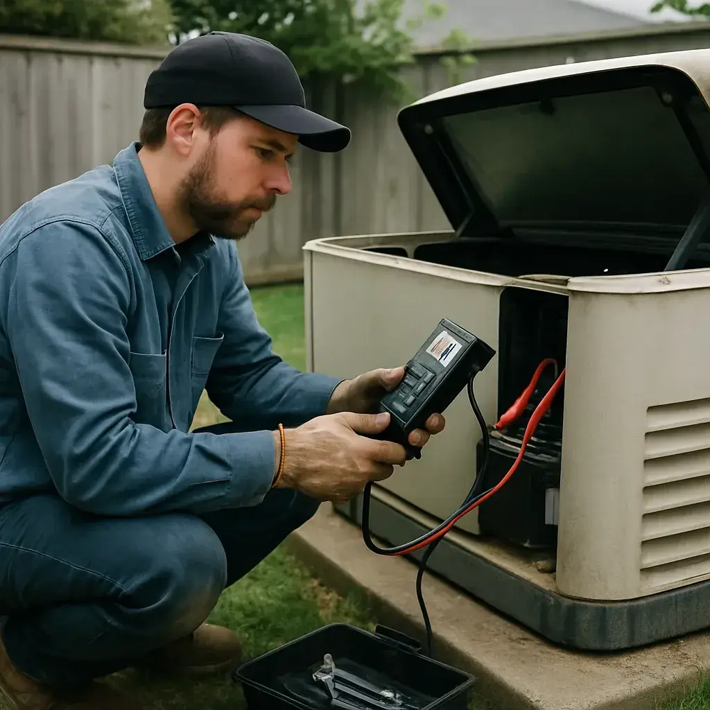 Technician testing generator battery during maintenance in Sunnyvale backyard