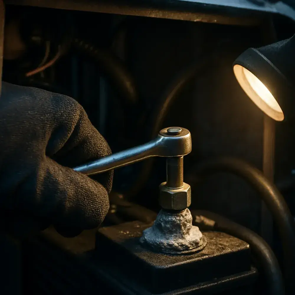 Close-up of technician cleaning corroded generator battery terminal in Sunnyvale maintenance visit