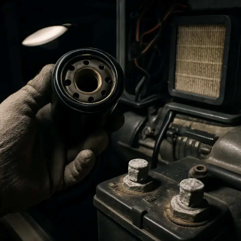 Corroded generator battery terminals and used oil filter during maintenance inspection
