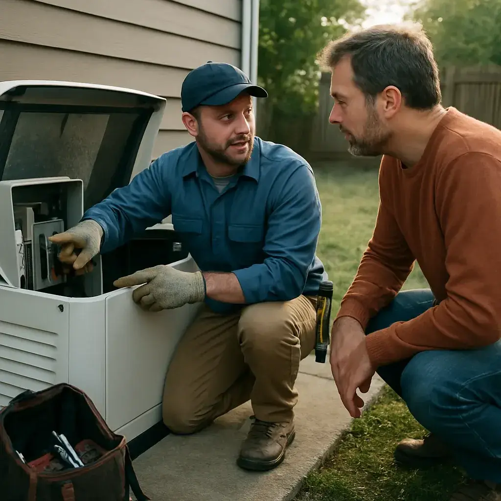 Technician explains generator maintenance pricing factors to homeowner in Sunnyvale yard