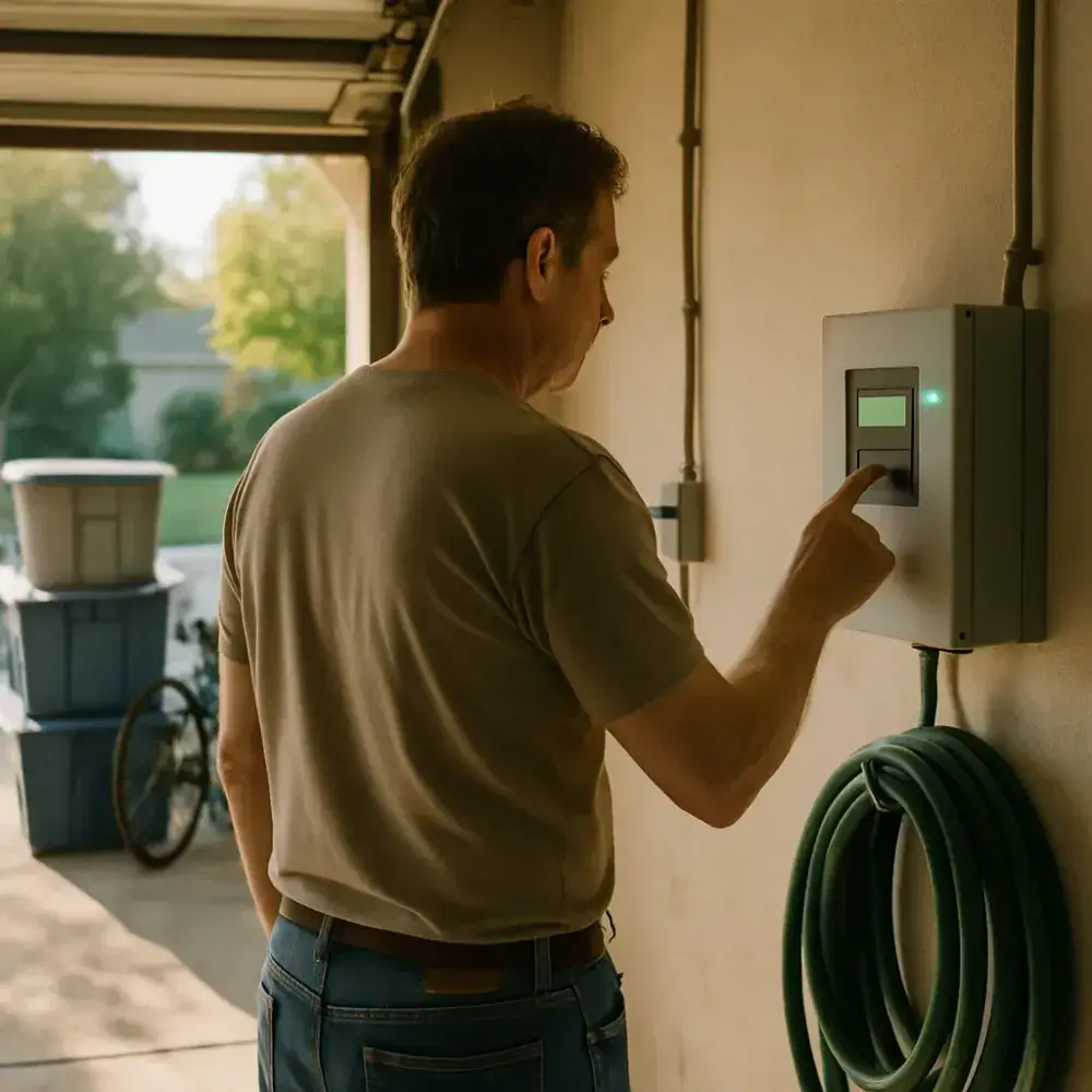 Homeowner checking generator monitoring panel in garage after Sunnyvale maintenance service