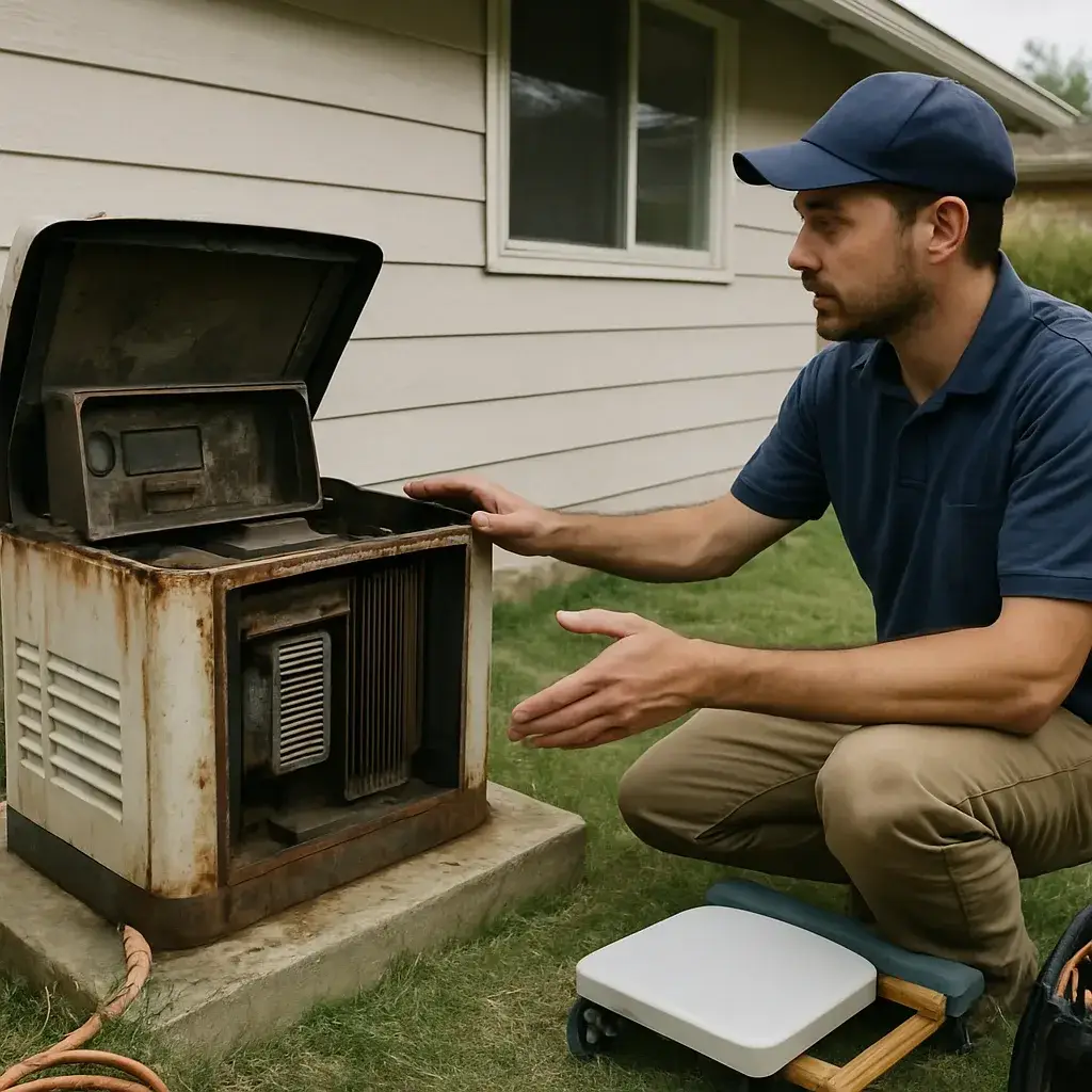 Technician comparing old and new backup generator during maintenance visit in Sunnyvale
