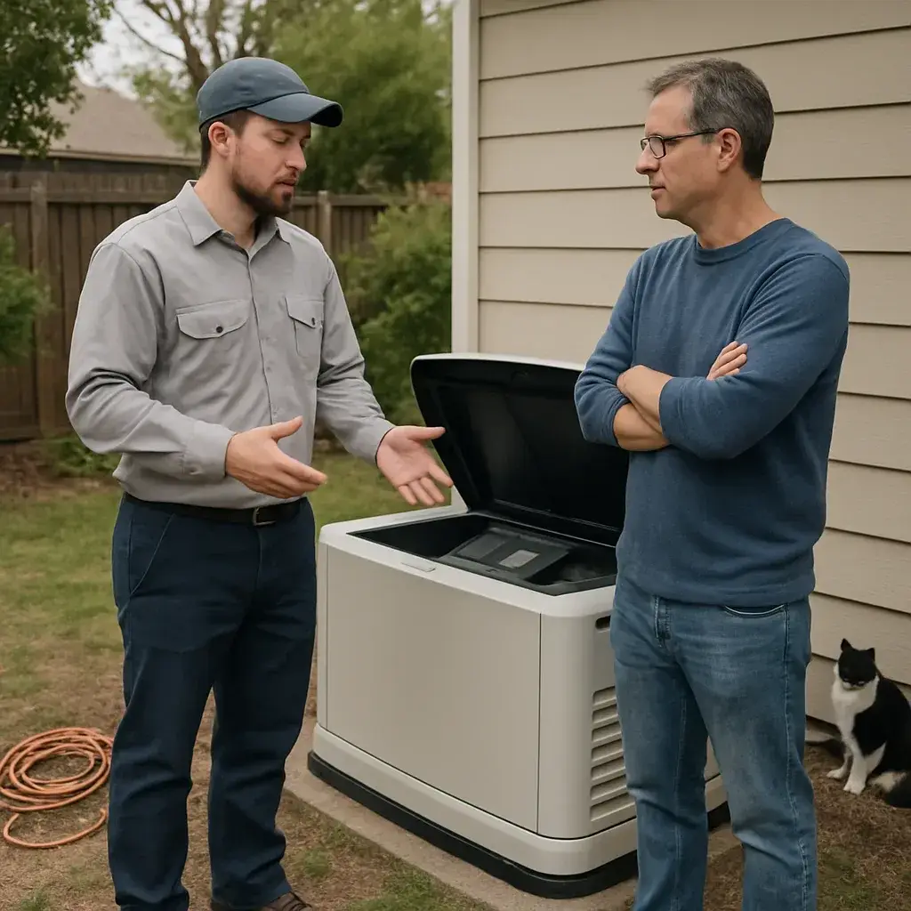Technician consulting with a Sunnyvale homeowner about generator maintenance options