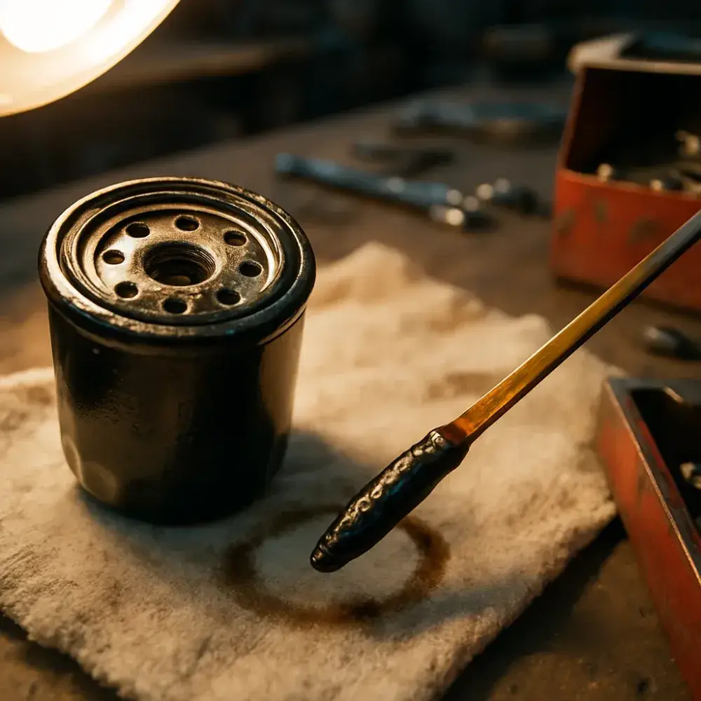 generator-maintenance-used-oil-filter-dipstick-wear-closeup Used generator oil filter and dipstick showing wear during maintenance service