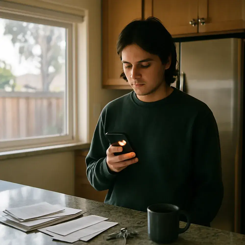 Homeowner checking generator monitoring alert notification on phone in Sunnyvale kitchen