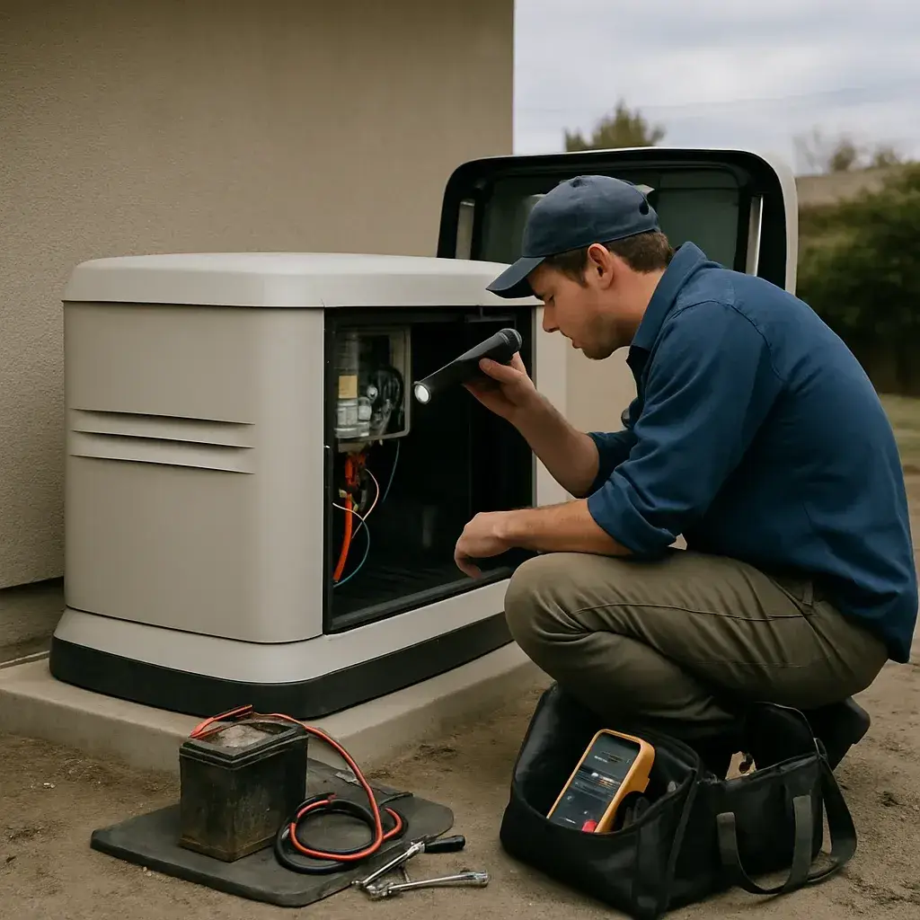 Technician inspecting generator battery compartment during repair in Sunnyvale