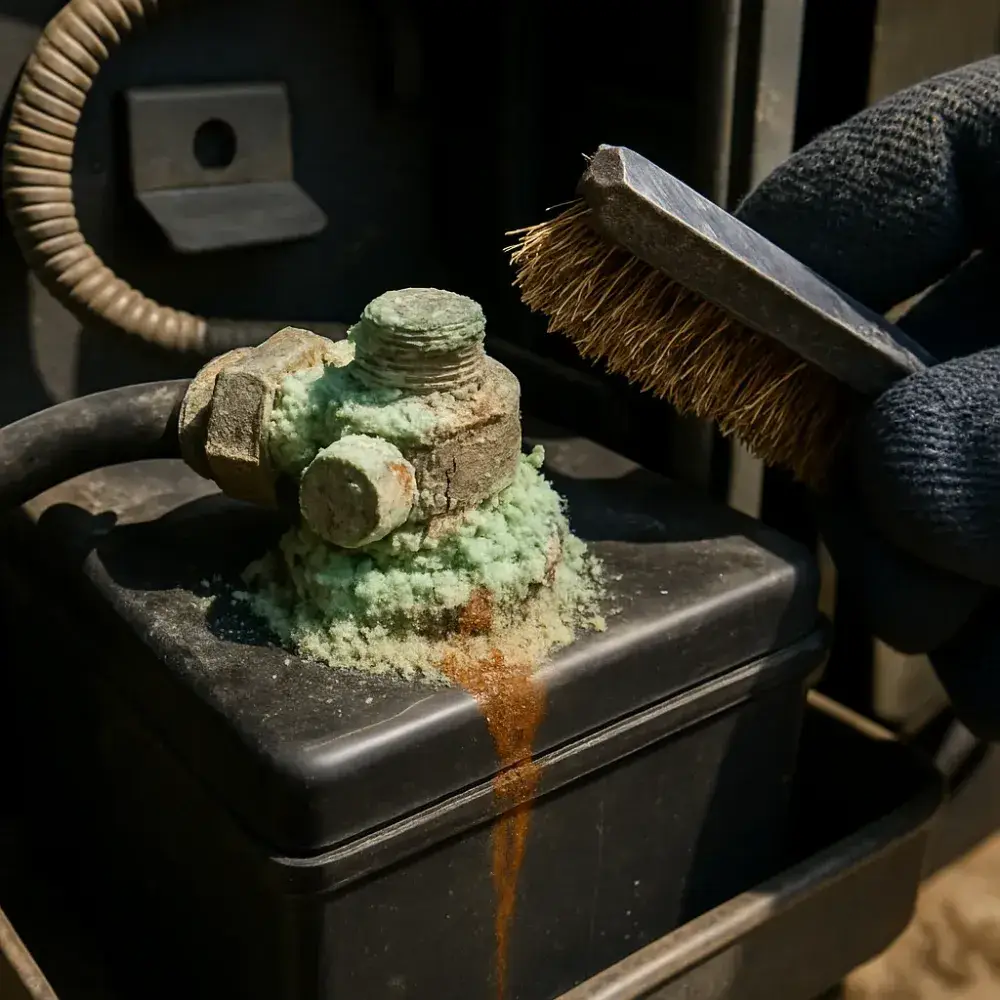Corroded generator battery terminal close-up during Sunnyvale repair inspection