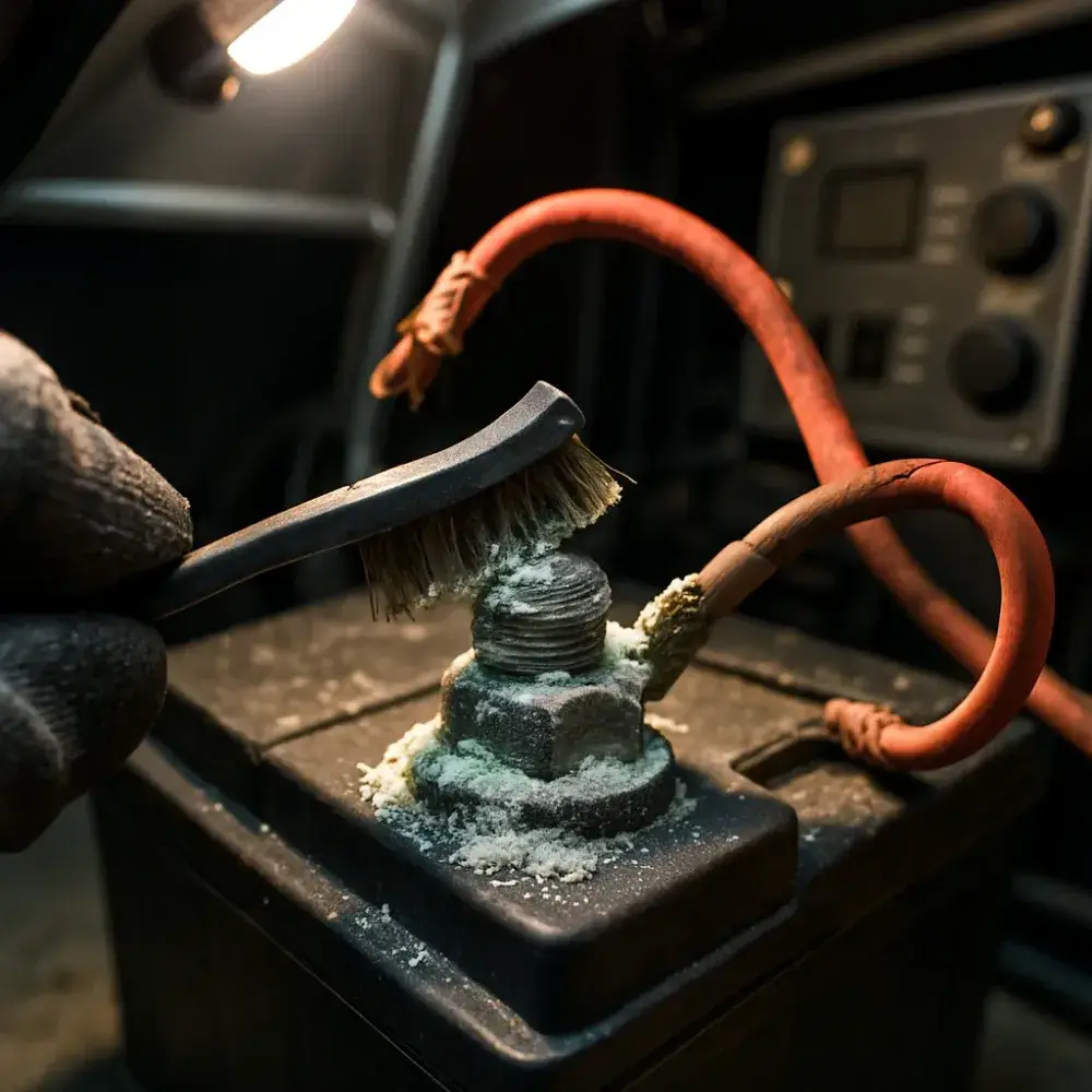 Corroded generator battery terminal being cleaned during a repair inspection in Sunnyvale