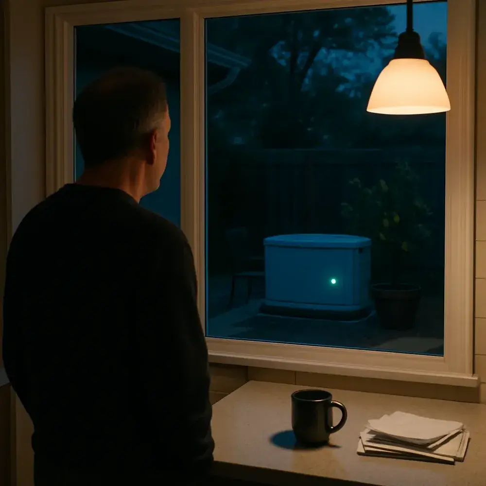 Homeowner viewing repaired generator's steady green light from Sunnyvale kitchen window