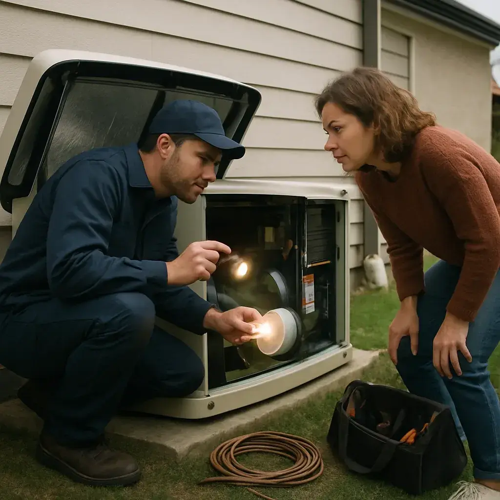 Technician walking a Sunnyvale homeowner through generator repair costs at the jobsite