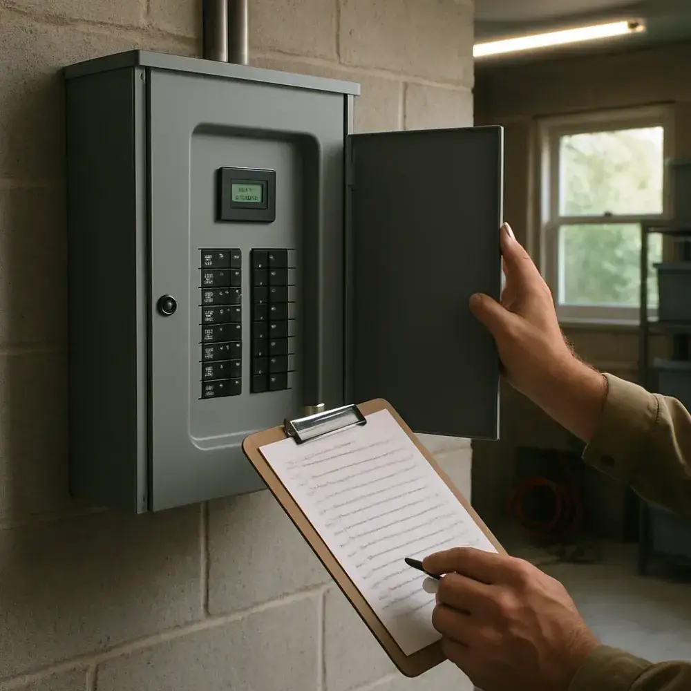 Technician inspecting transfer switch panel in Sunnyvale garage during generator diagnosis