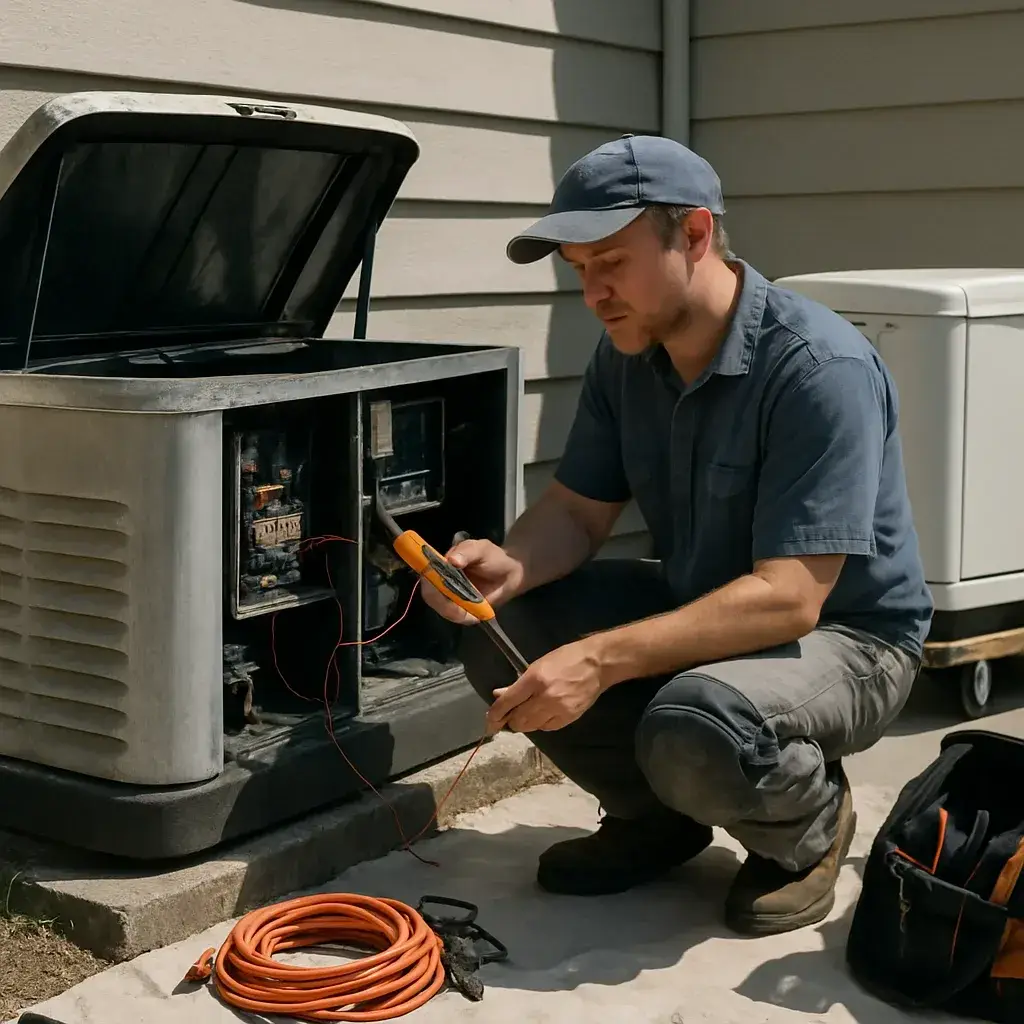 Old and new standby generators side by side during a repair or replace decision in Sunnyvale