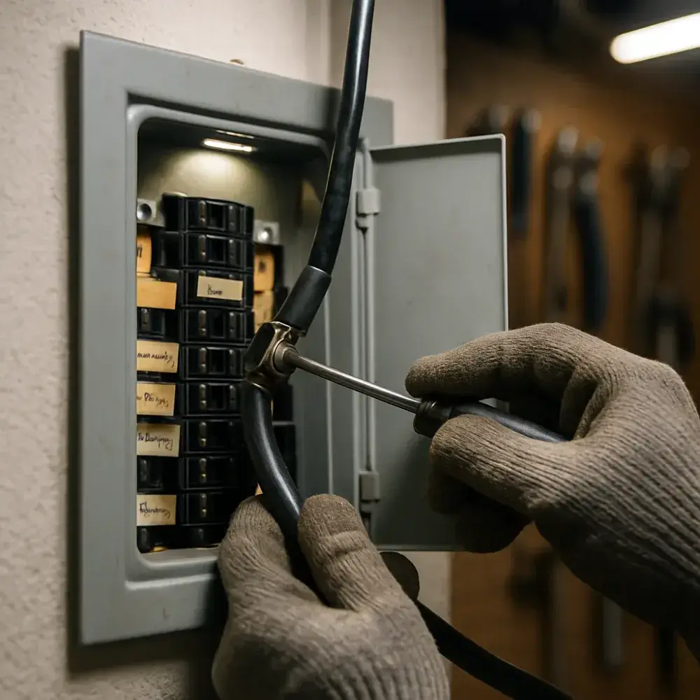 Close-up of technician wiring transfer switch panel for generator installation Sunnyvale