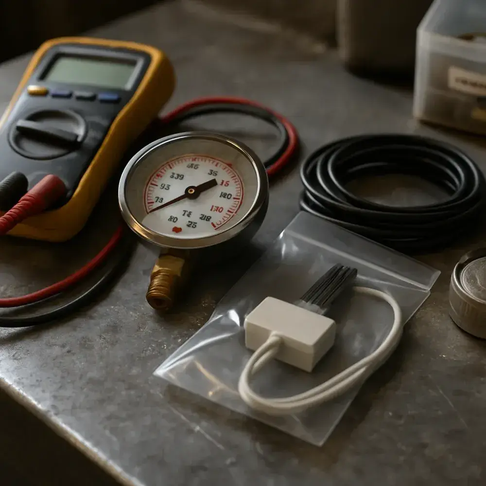 Furnace igniter, gauge, and multimeter laid on workbench for heating repair in Sunnyvale