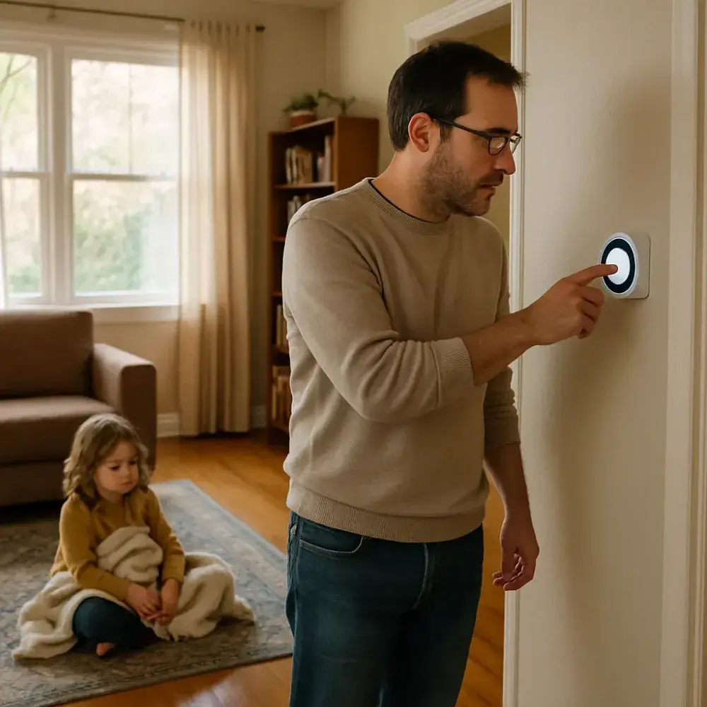 Homeowner adjusting thermostat in warm living room after heating system service in Sunnyvale
