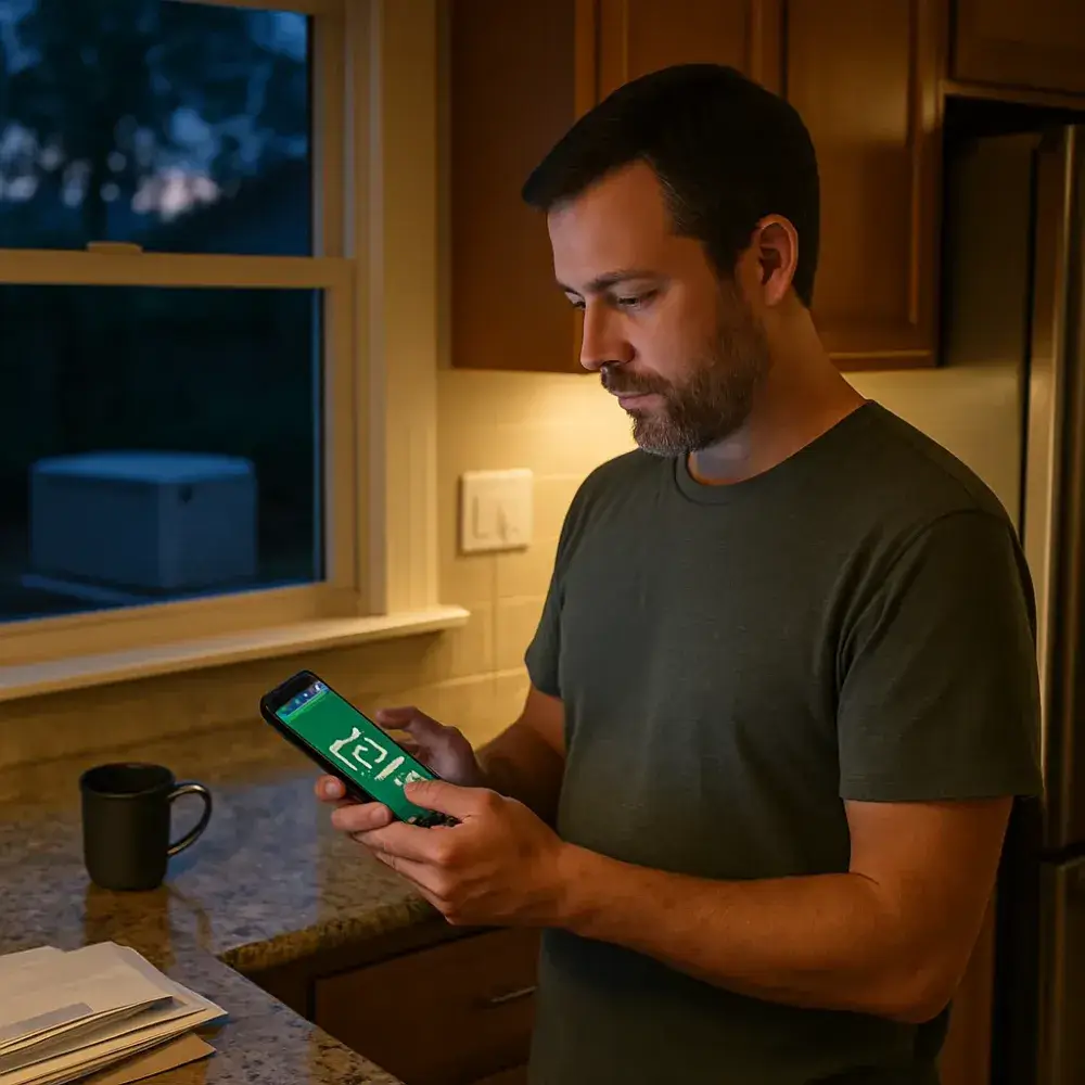 Homeowner checking generator app in Sunnyvale kitchen during evening power monitoring