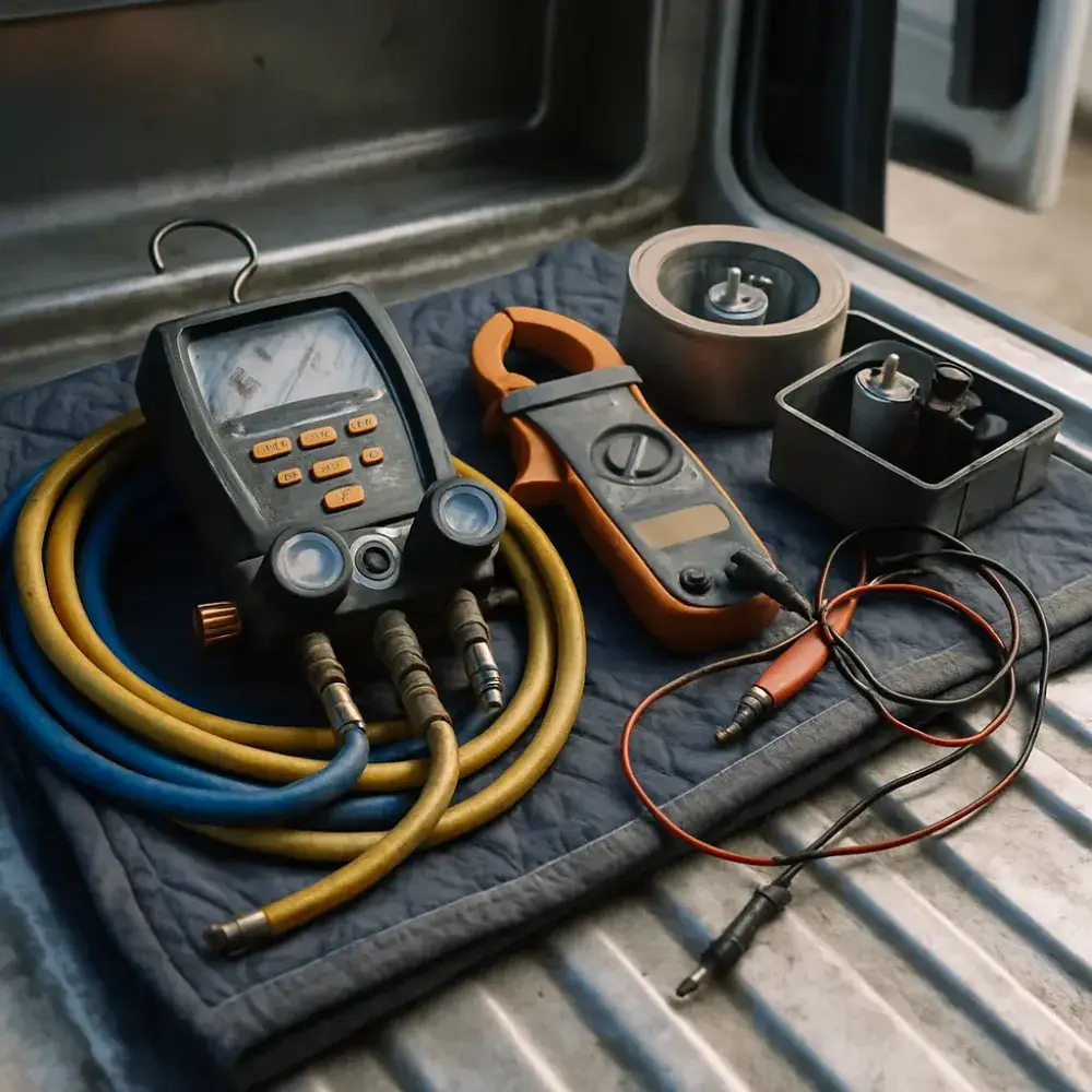 HVAC repair tools including manifold gauges and multimeter in Sunnyvale service van