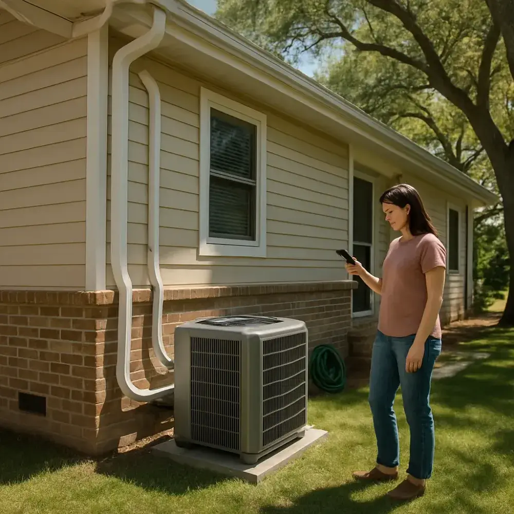 Sunnyvale homeowner checking smart thermostat near serviced HVAC condenser unit outside
