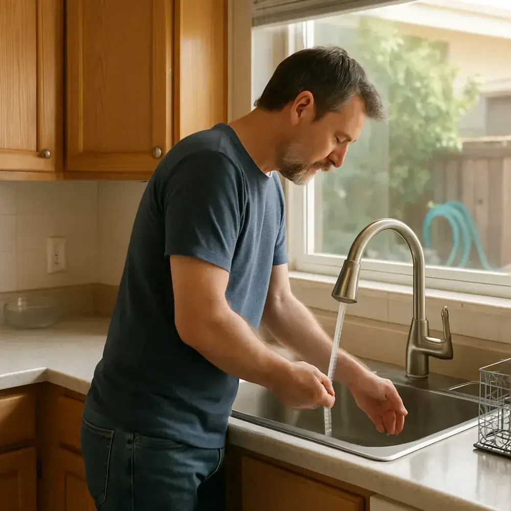 Homeowner using repaired kitchen faucet after Sunnyvale plumbing service