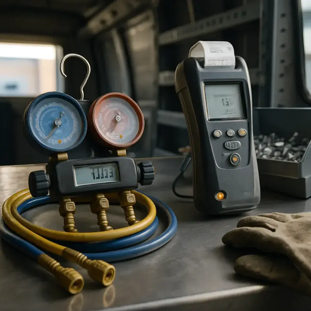 Refrigerant gauges and combustion analyzer tools used by Sunnyvale mechanical contractor technicians