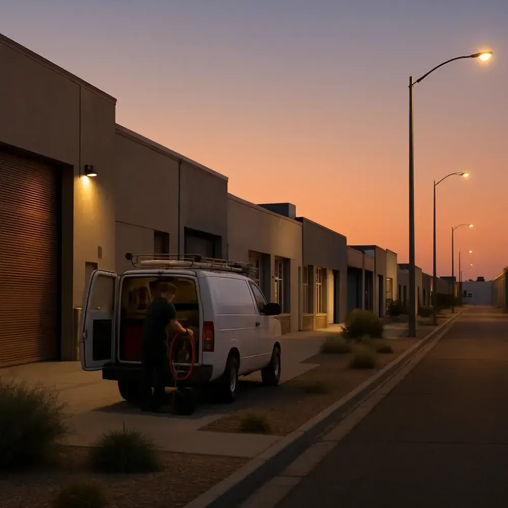Mechanical contractor service van parked along Sunnyvale industrial corridor at dusk