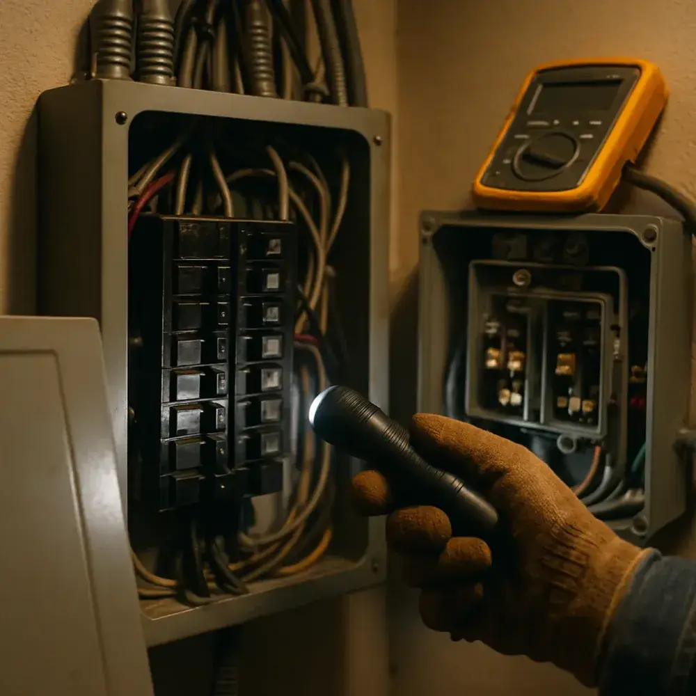 Electrical panel inspection during generator repair diagnosis in Sunnyvale home