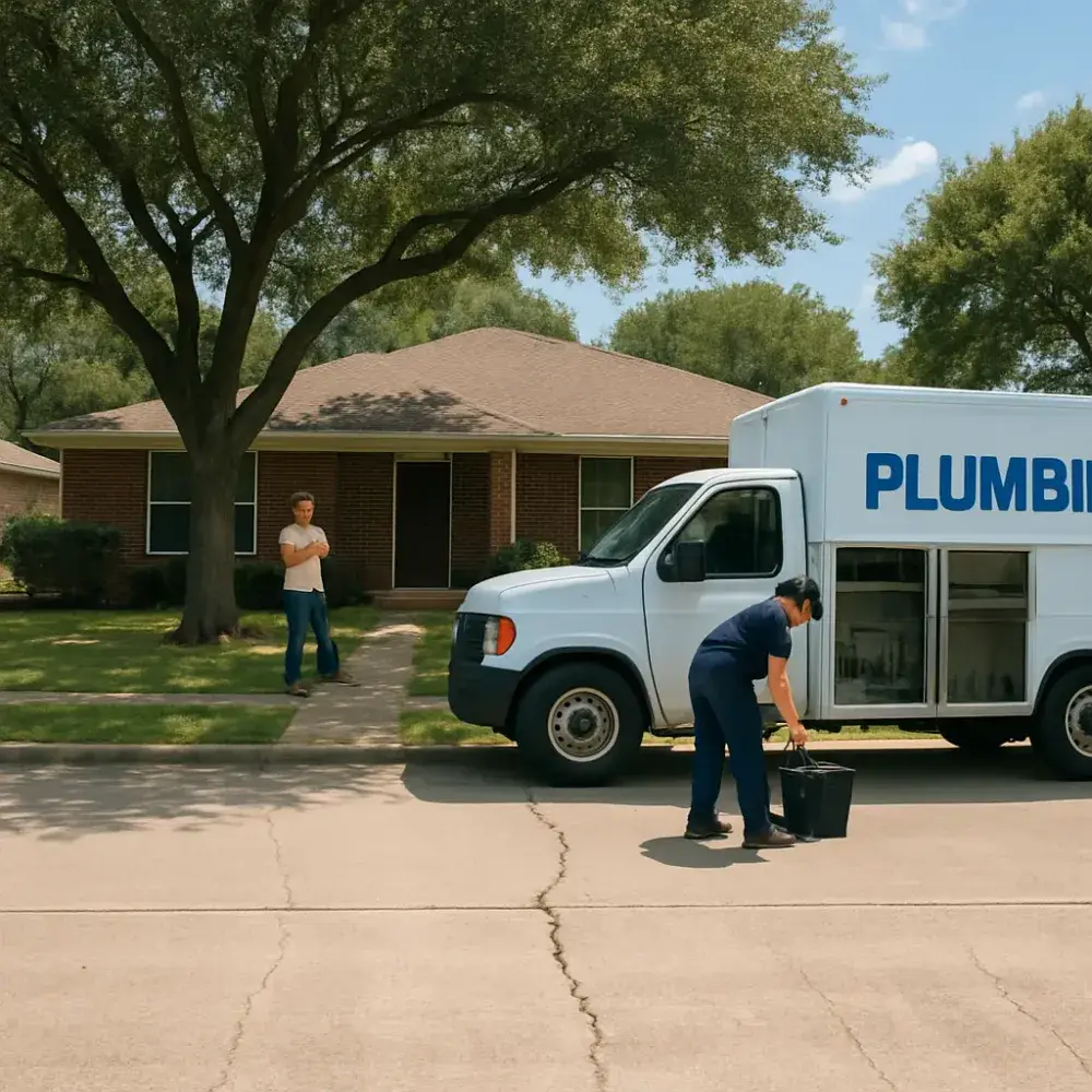 Plumbing truck and homeowner on residential Sunnyvale street with homes