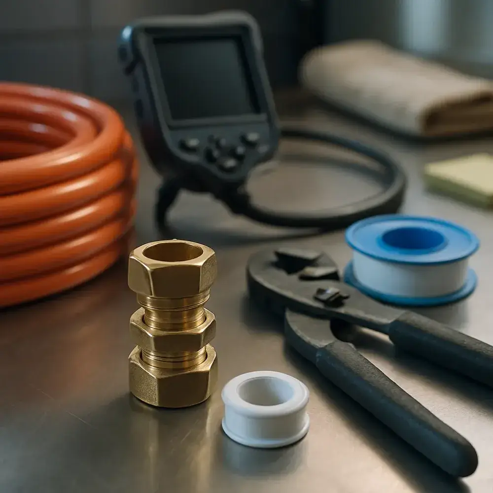 Plumbing tools and fittings on workbench used for Sunnyvale plumber jobs