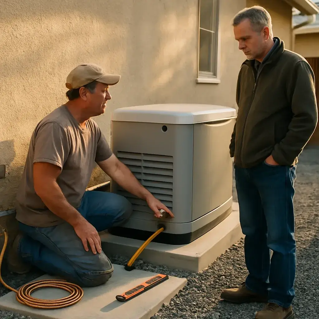 Technician and homeowner review standby generator installation cost factors outdoors
