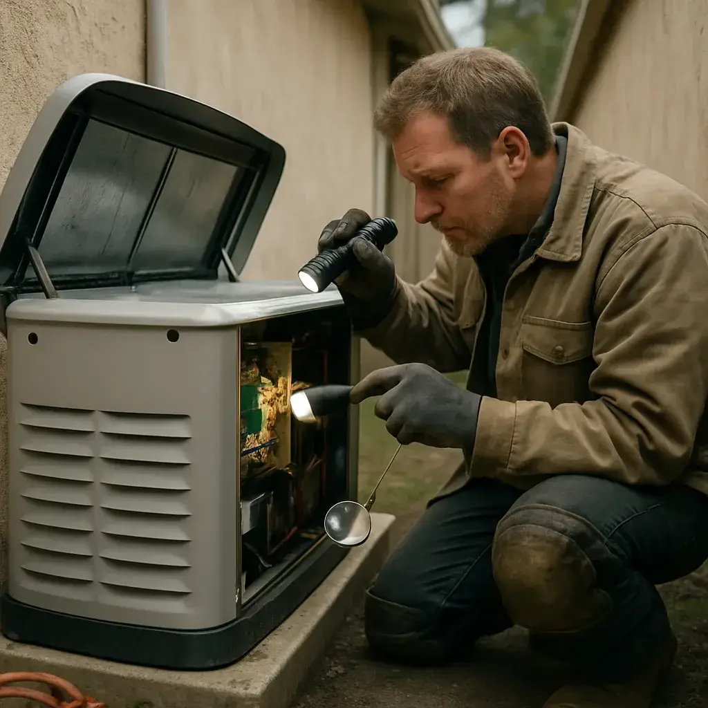 Technician inspecting standby generator wiring during installation check in Sunnyvale
