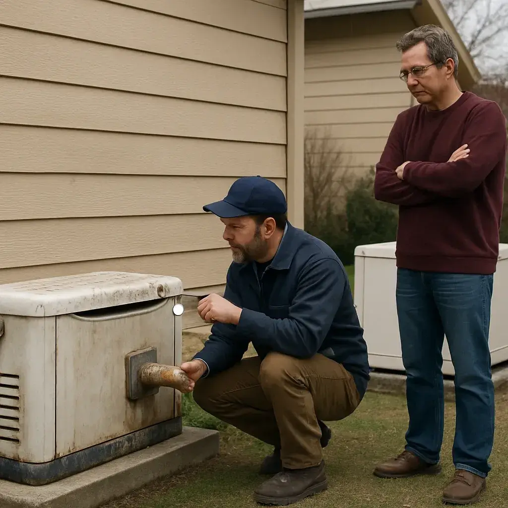 Contractor comparing old and new standby generator units during installation in Sunnyvale