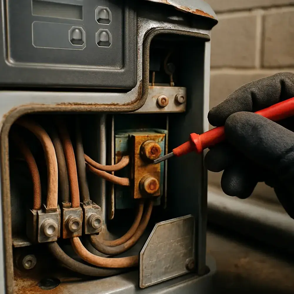 standby-generator-transfer-switch-corrosion-failure-detail Corroded generator transfer switch wiring inspected during Sunnyvale installation evaluation
