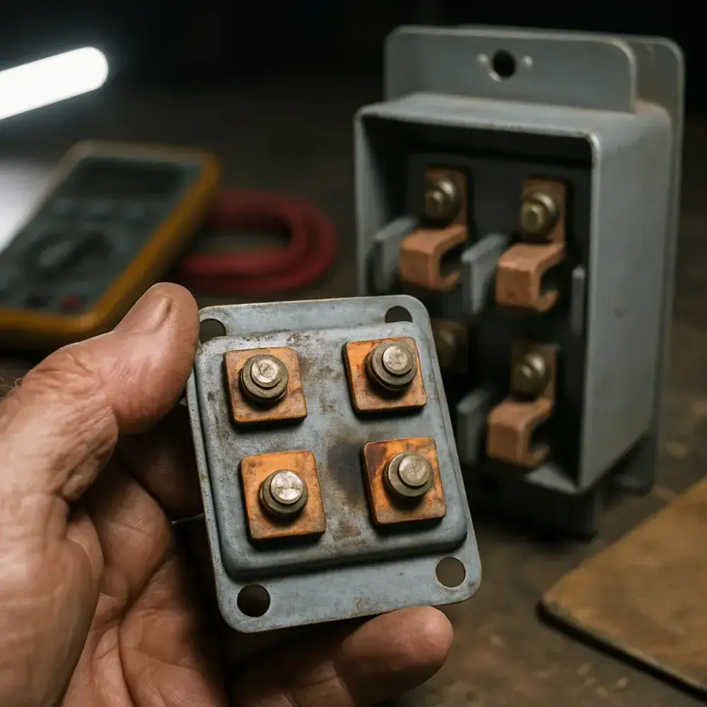 transfer-switch-corroded-contacts-repair-decision-detail Corroded transfer switch contacts examined during Sunnyvale HVAC repair evaluation
