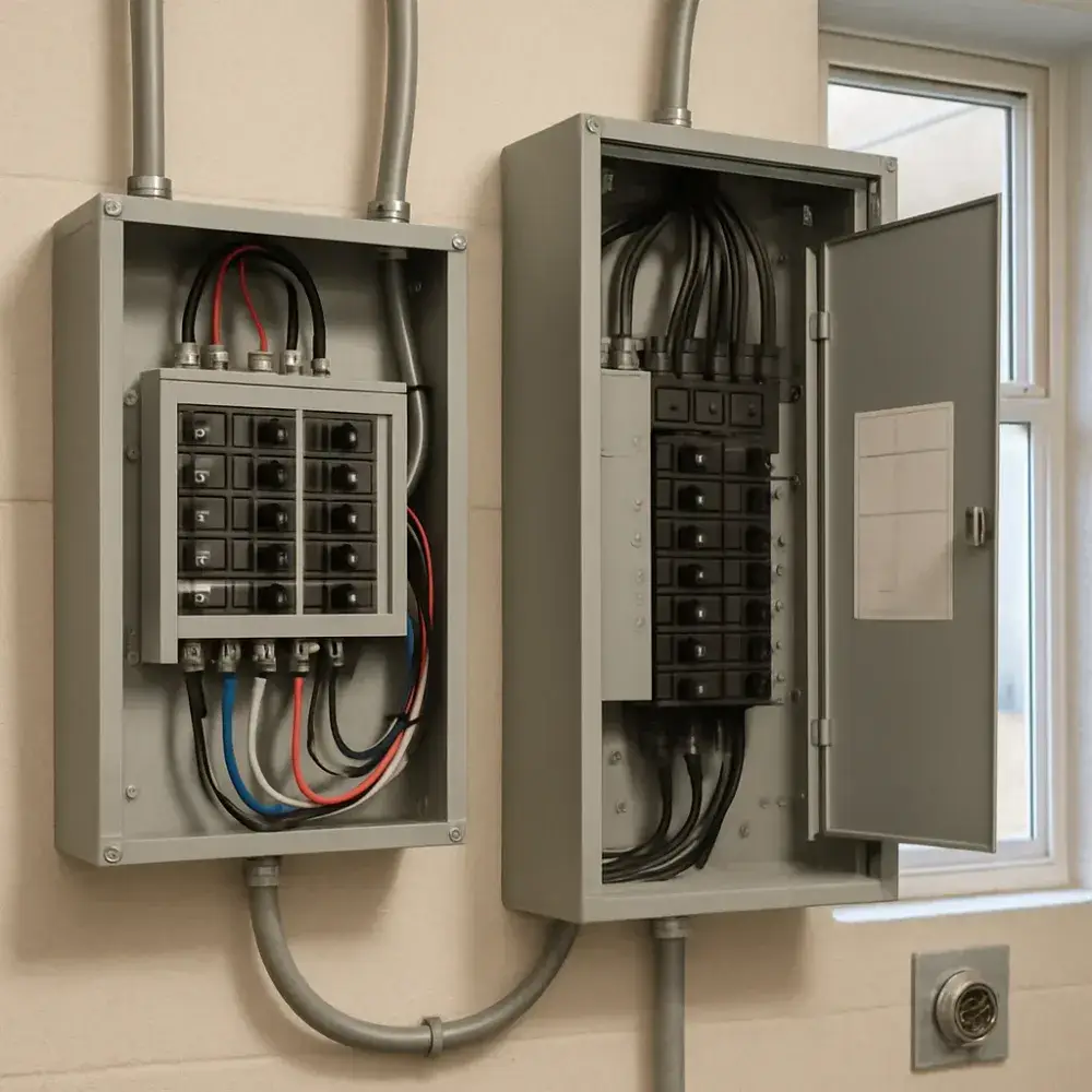 Finished transfer switch installation with labeled panel in Sunnyvale home