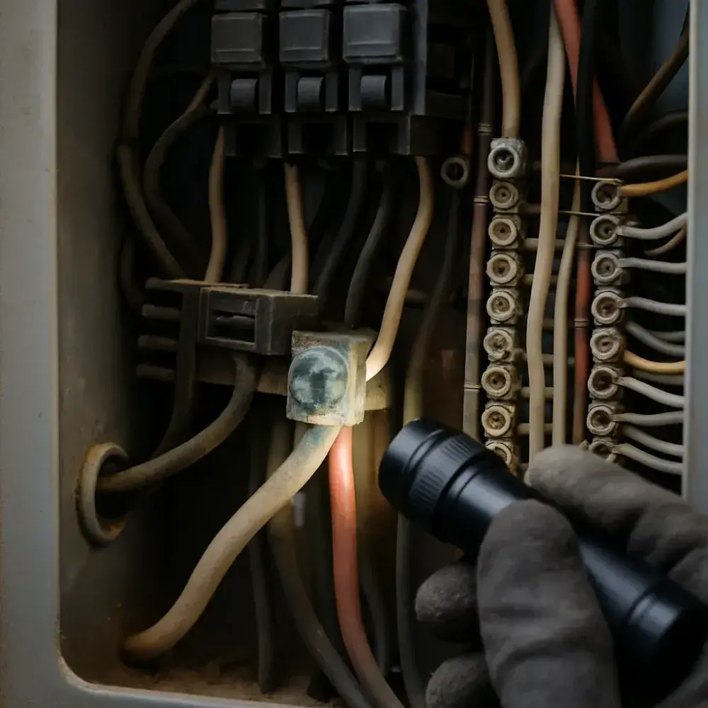 transfer-switch-installation-panel-corrosion-wear-detail Corroded panel wiring shows common problems found before transfer switch installation