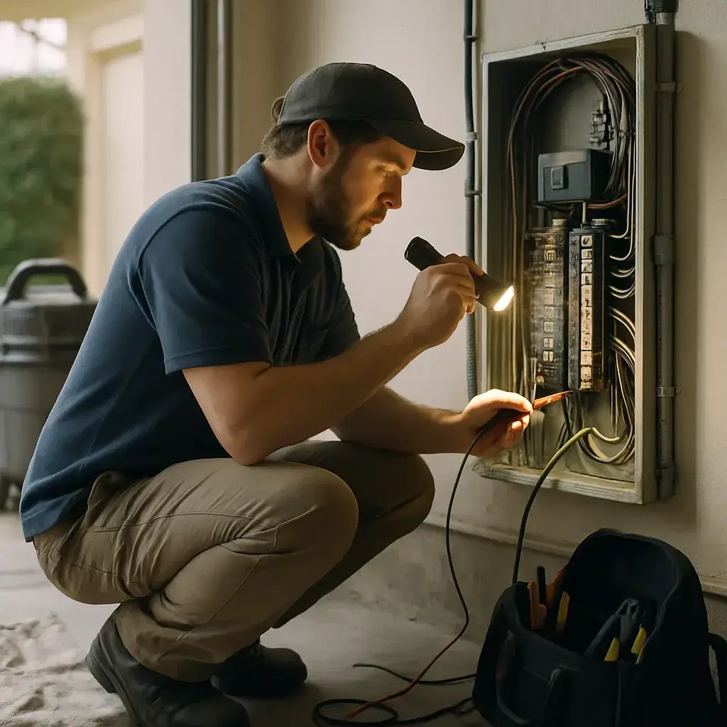 HVAC contractor inspecting panel wiring for transfer switch installation in Sunnyvale