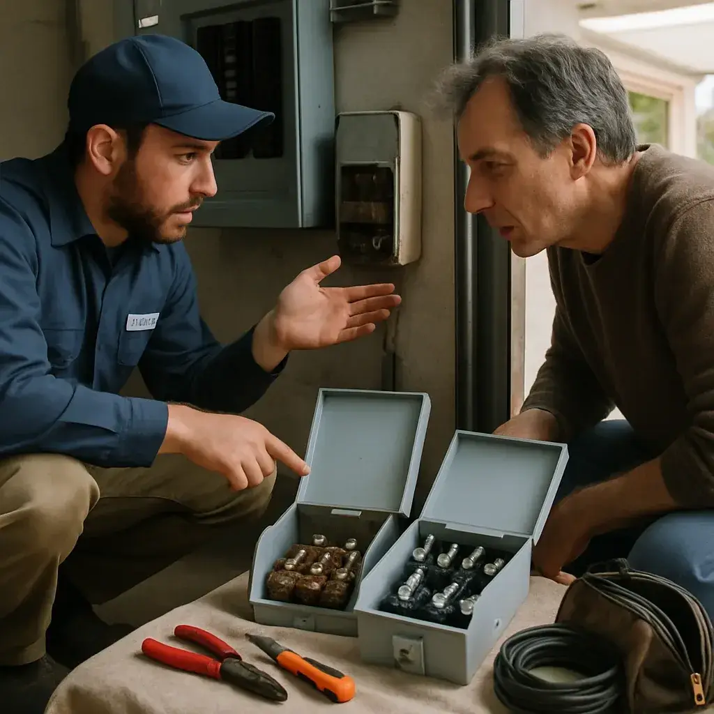 Technician comparing old and new transfer switch during Sunnyvale HVAC installation
