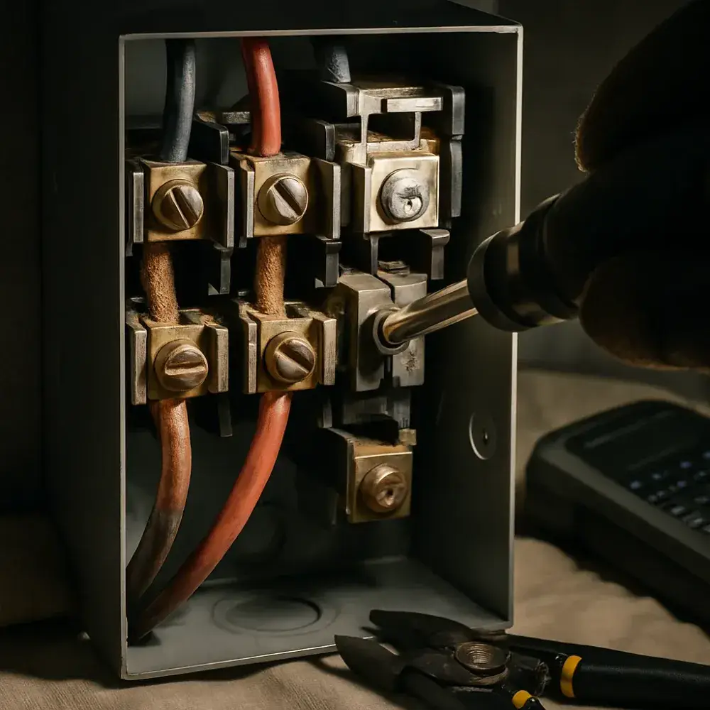 Close-up of hand wiring transfer switch terminals during Sunnyvale installation