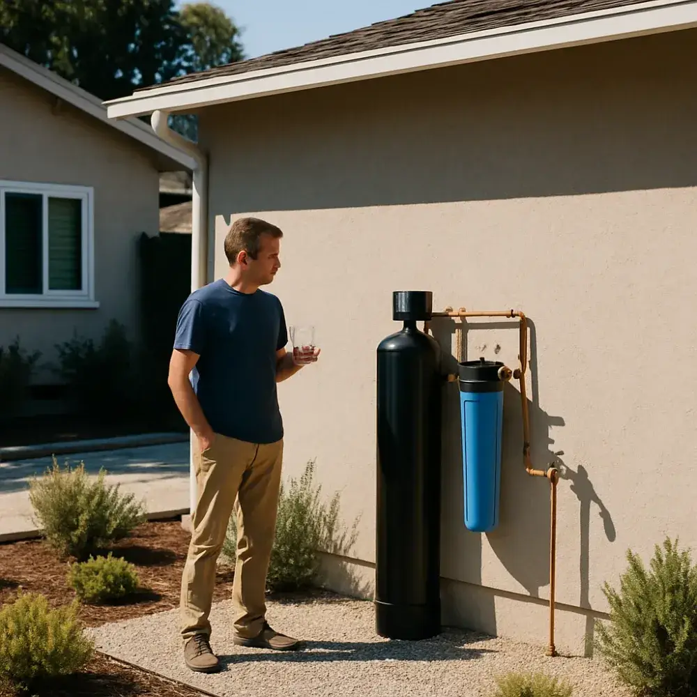 Sunnyvale homeowner near installed water softener and filtration system outdoors