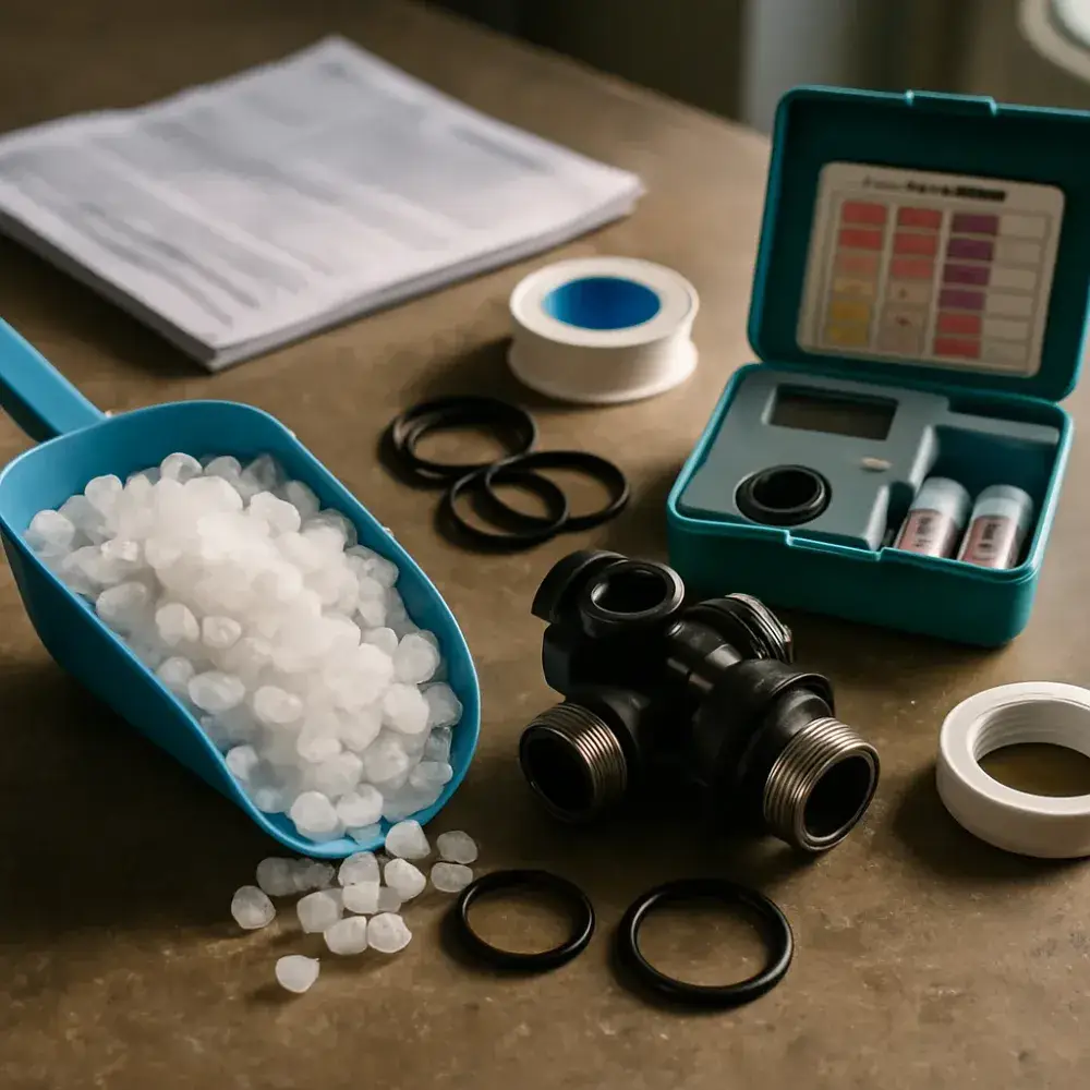 Water softener salt, valve parts, and test kit on Sunnyvale service workbench