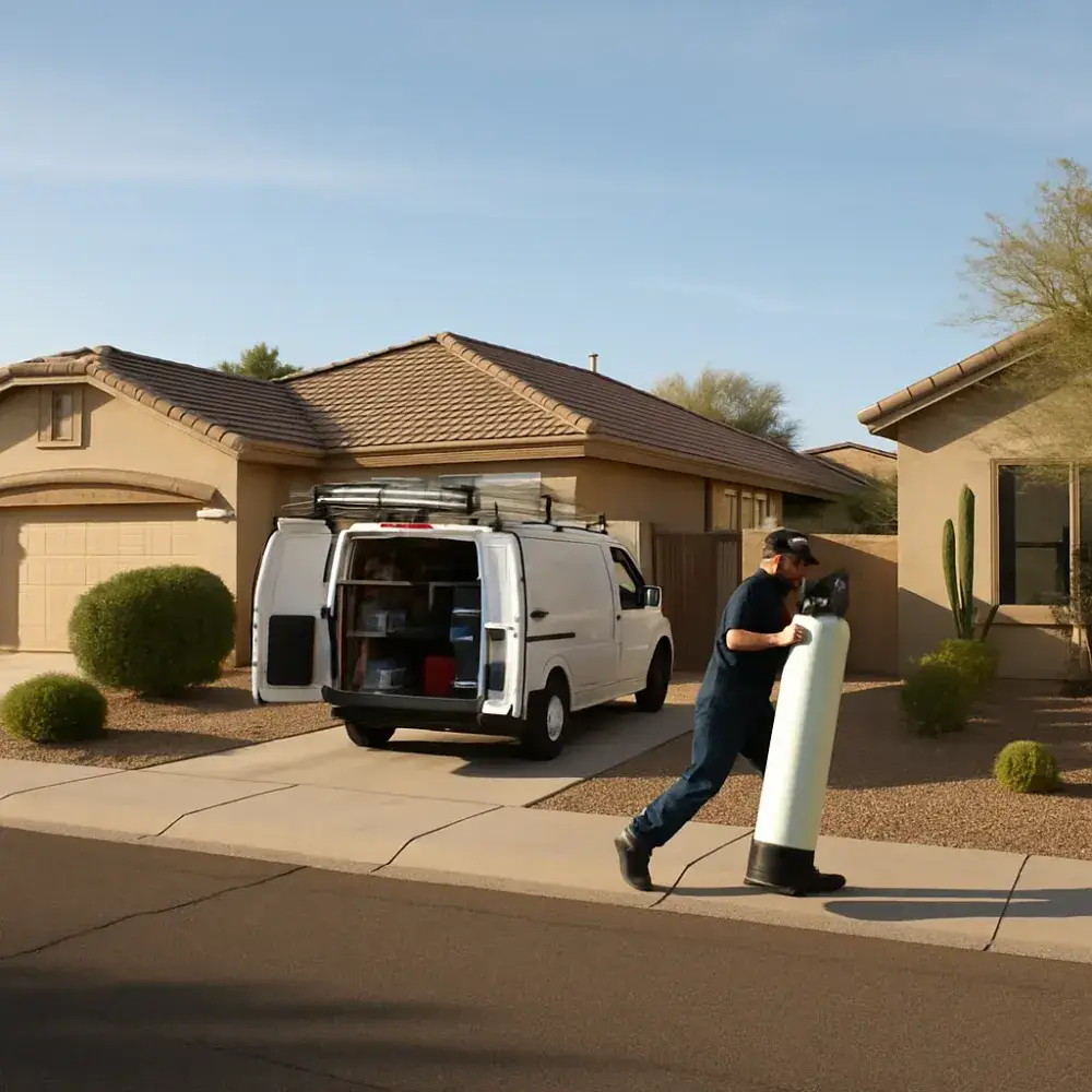 Service van and technician delivering water softener in Sunnyvale neighborhood
